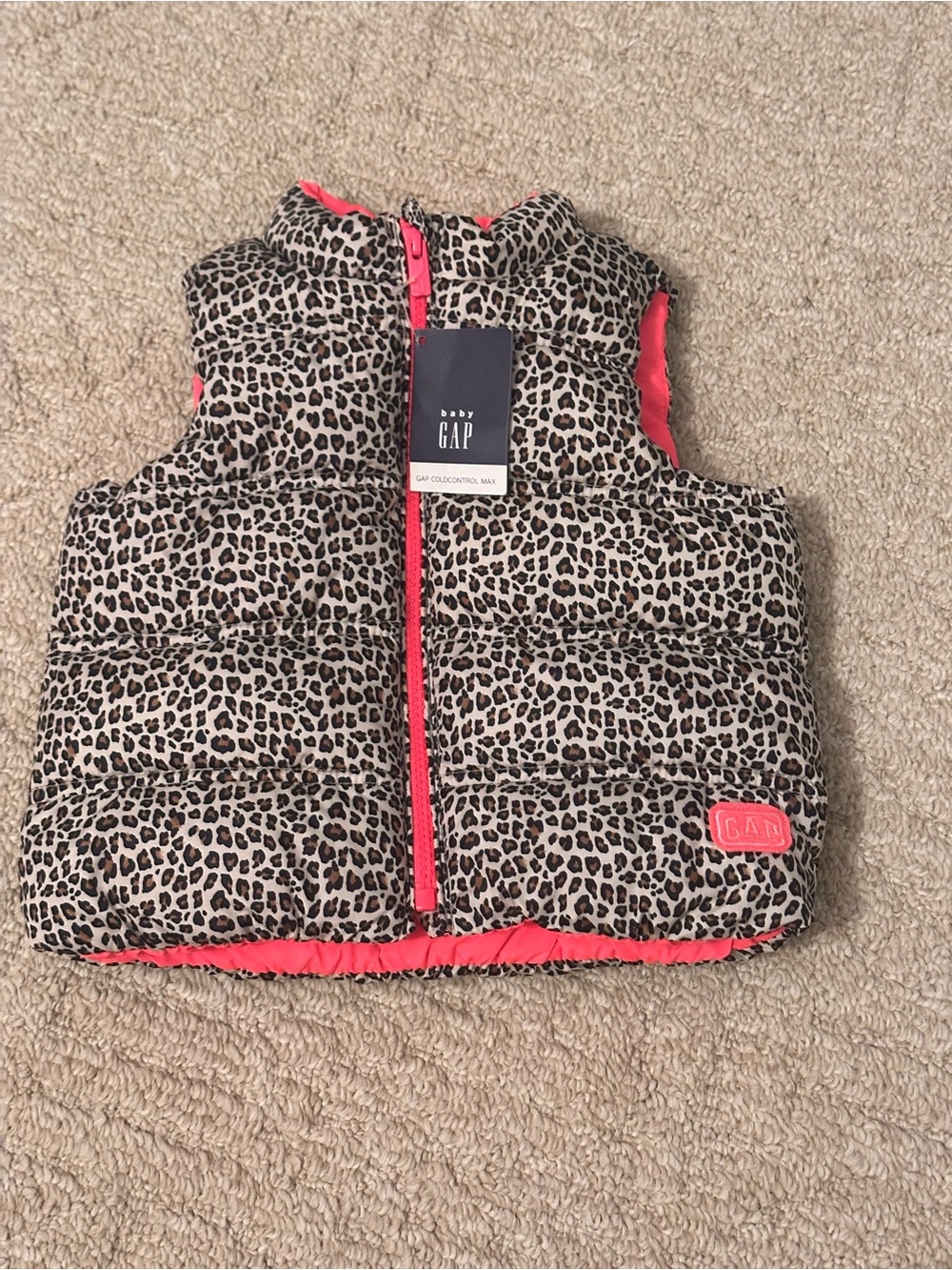 GAP Leopard Print Puffer Vest with Neon Pink Trim